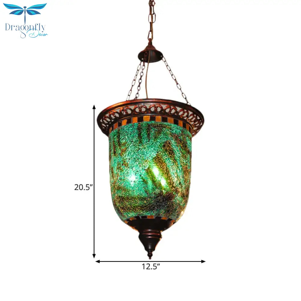 Bohemian Urn Chandelier Light 2 Bulbs Stained Art Glass Pendant Lighting Fixture In Blue For