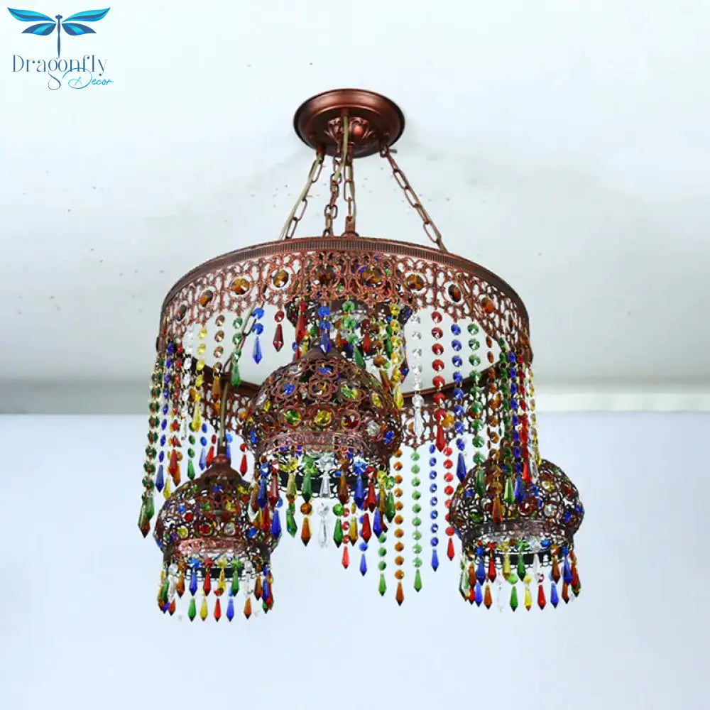 Bohemian Wagon Wheel Pendant Chandelier 4/7 Bulbs Metal Down Lighting In Brass For Restaurant