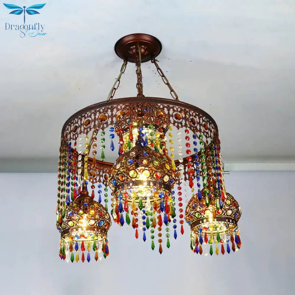 Bohemian Wagon Wheel Pendant Chandelier 4/7 Bulbs Metal Down Lighting In Brass For Restaurant