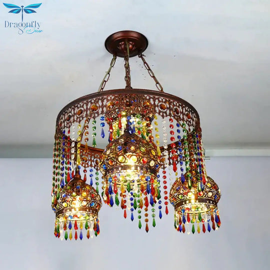 Bohemian Wagon Wheel Pendant Chandelier 4/7 Bulbs Metal Down Lighting In Brass For Restaurant
