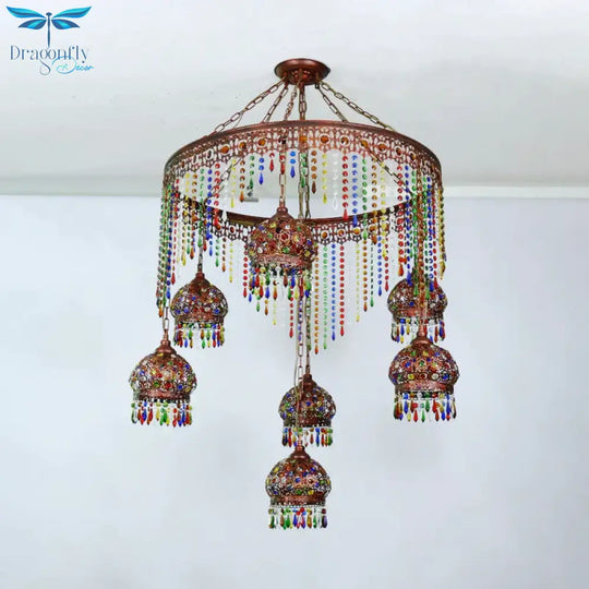 Bohemian Wagon Wheel Pendant Chandelier 4/7 Bulbs Metal Down Lighting In Brass For Restaurant