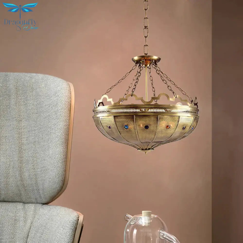 Bowl Bedroom Chandelier Lighting Arab Metal 6 Bulbs Brass Hanging Ceiling Light With Bead Decor