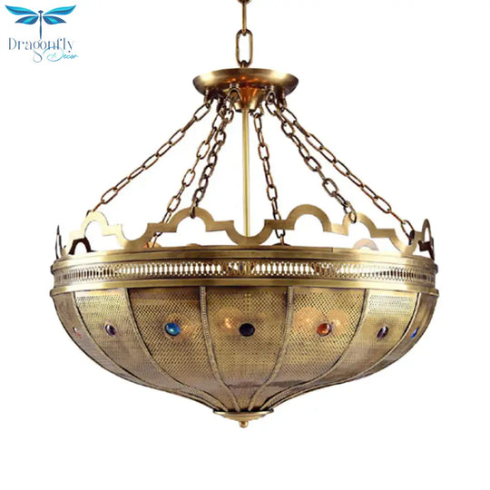 Bowl Bedroom Chandelier Lighting Arab Metal 6 Bulbs Brass Hanging Ceiling Light With Bead Decor