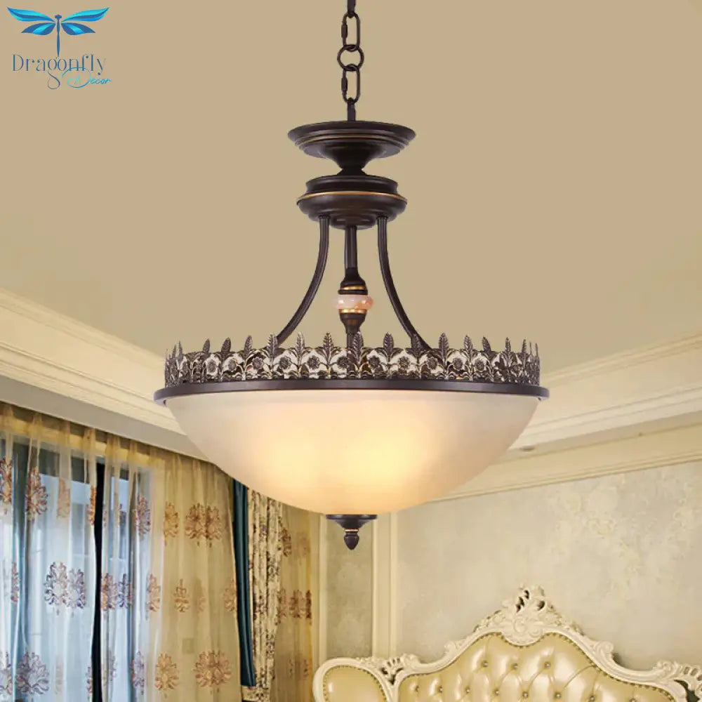 Bowl Bedroom Pendant Chandelier Rural Frosted Glass 3 Bulbs Black Hanging Light Fixture