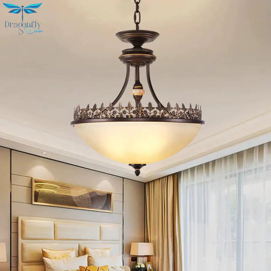 Bowl Bedroom Pendant Chandelier Rural Frosted Glass 3 Bulbs Black Hanging Light Fixture