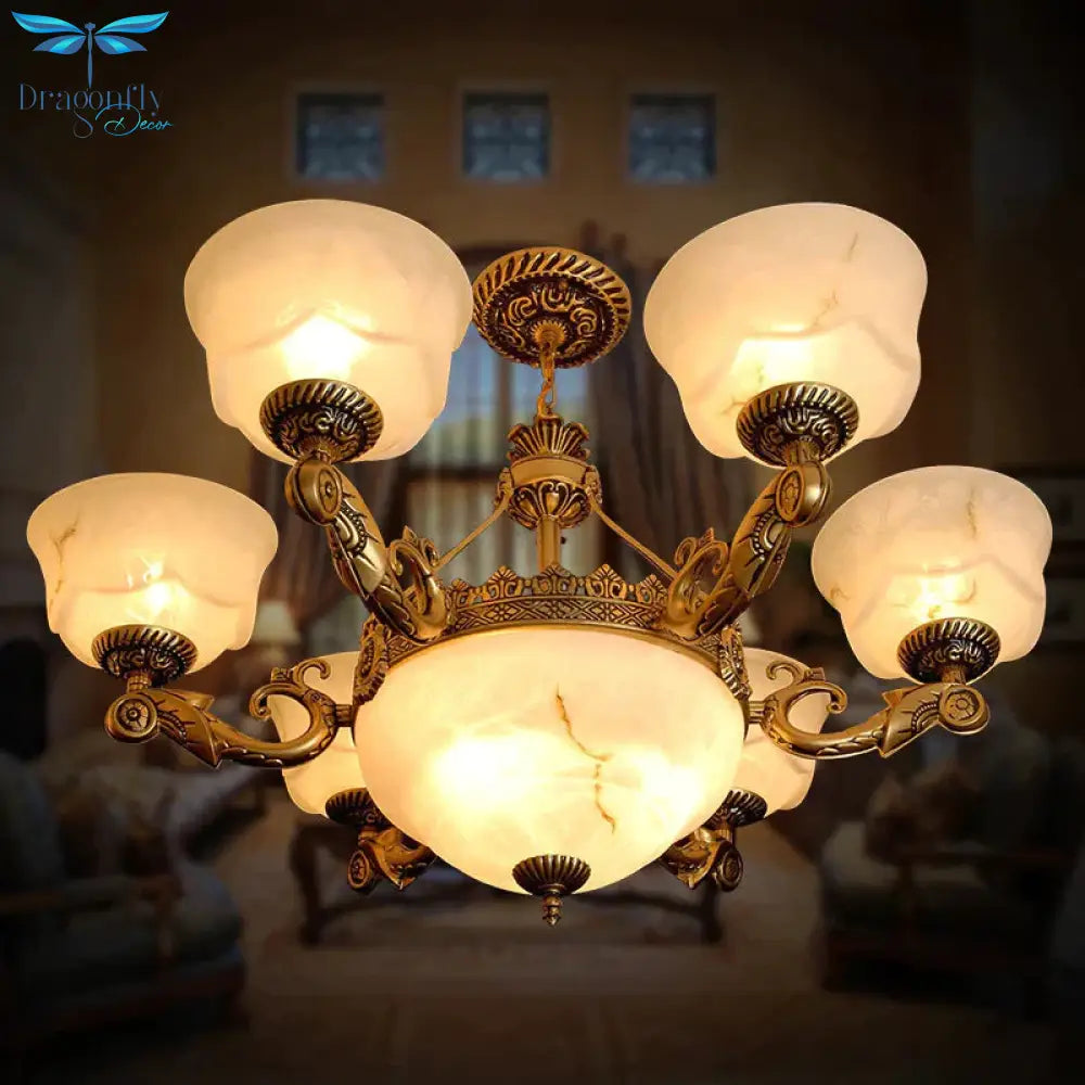 Bowl Dining Room Drop Lamp Antiqued White Glass 9 - Light Brass Chandelier Light Fixture