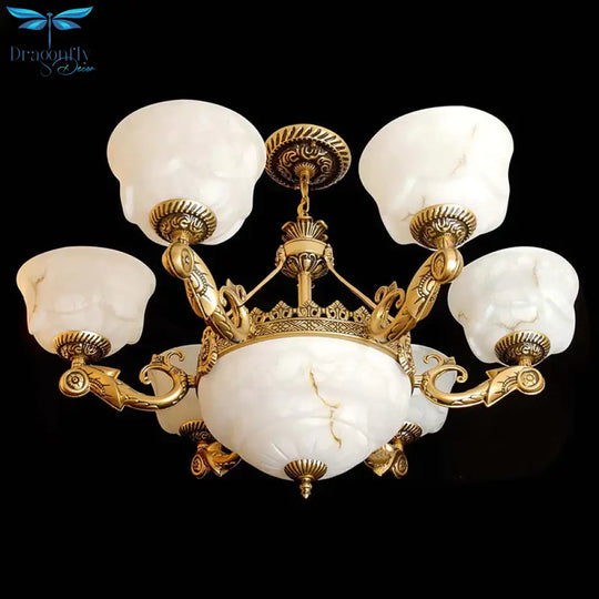 Bowl Dining Room Drop Lamp Antiqued White Glass 9 - Light Brass Chandelier Light Fixture
