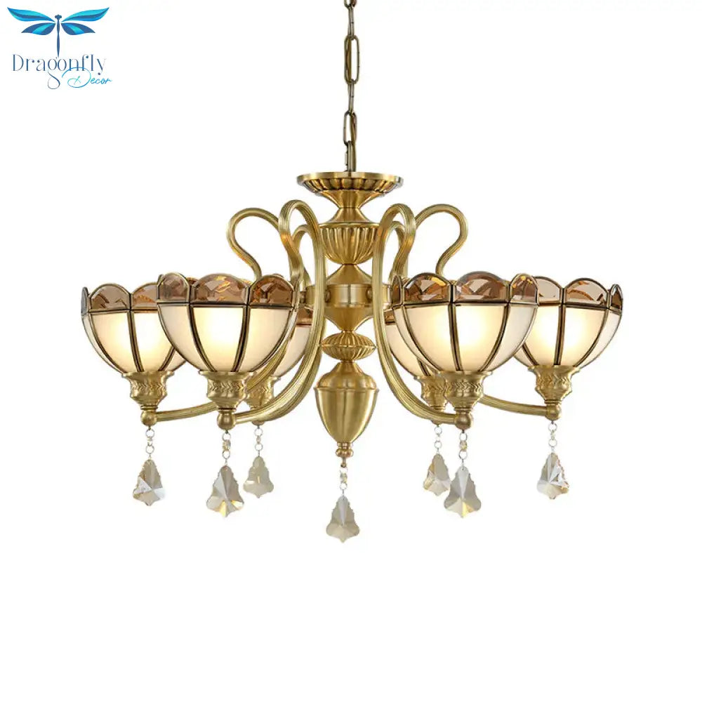 Bowl Frosted Glass Suspension Pendant Colonial 6 Bulbs Living Room Chandelier Lighting In Gold