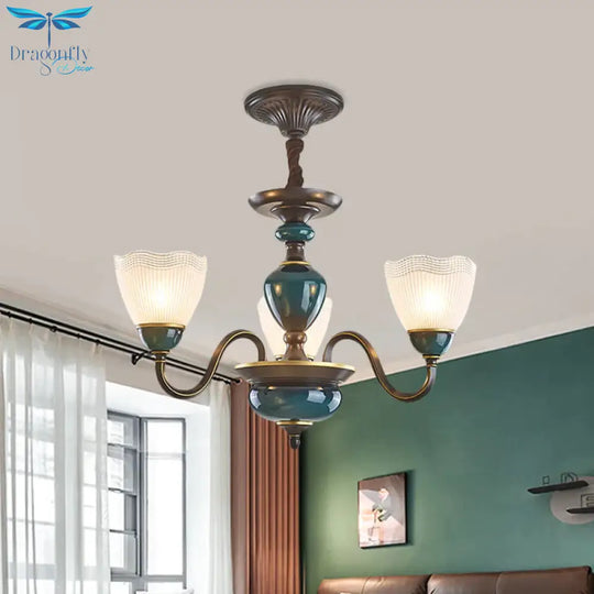 Bowl Frosted Prismatic Glass Hanging Lamp Country 3/6 Lights Bedroom Chandelier Light In Black With