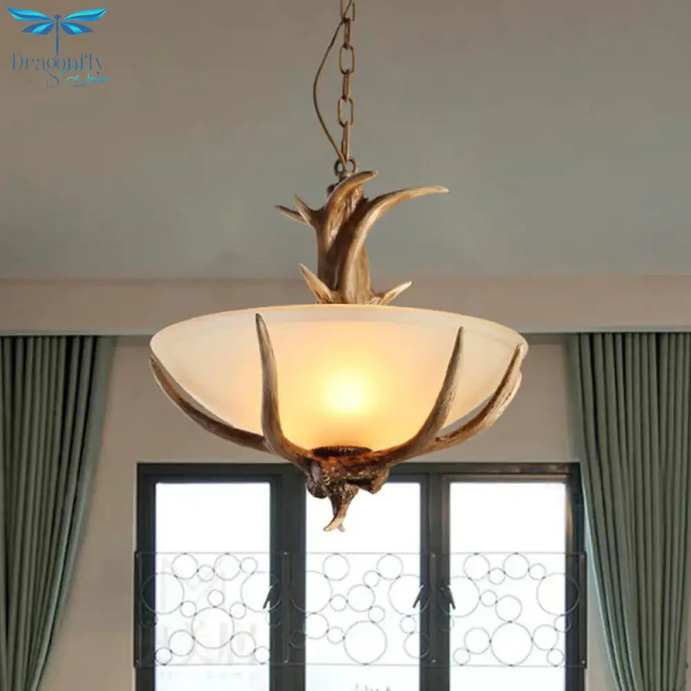 Bowl Frosted White Glass Drop Lamp Rustic 3 - Light Dining Room Antler Pendant Chandelier In Brown