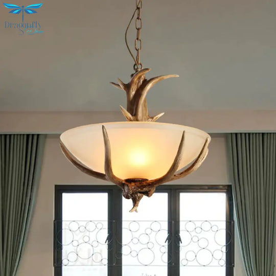Bowl Frosted White Glass Drop Lamp Rustic 3 - Light Dining Room Antler Pendant Chandelier In Brown