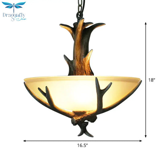 Bowl Frosted White Glass Drop Lamp Rustic 3 - Light Dining Room Antler Pendant Chandelier In Brown