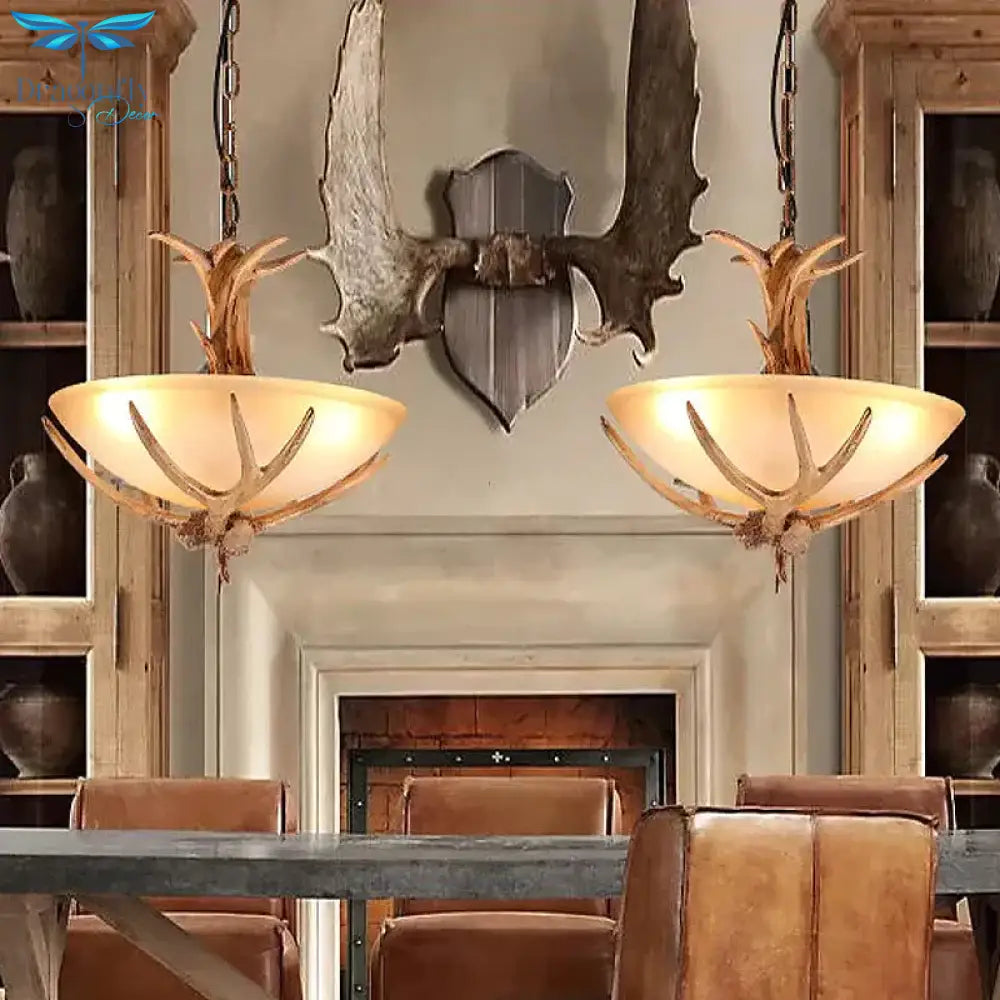 Bowl Frosted White Glass Drop Lamp Rustic 3 - Light Dining Room Antler Pendant Chandelier In Brown