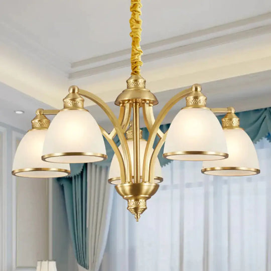 Bowl Ivory Glass Chandelier Lamp Colonial 3/5/8 Bulbs Living Room Down Lighting Pendant In Gold 5 /
