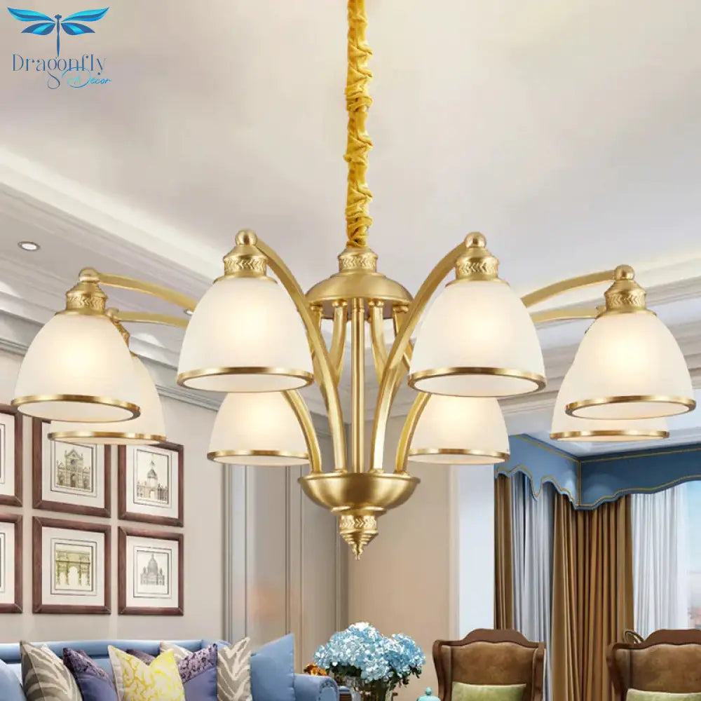 Bowl Ivory Glass Chandelier Lamp Colonial 3/5/8 Bulbs Living Room Down Lighting Pendant In Gold