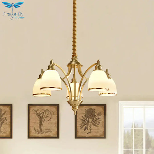 Bowl Ivory Glass Chandelier Lamp Colonial 3/5/8 Bulbs Living Room Down Lighting Pendant In Gold
