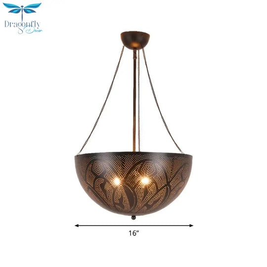 Bowl Restaurant Chandelier Vintage Metal 3 - Light Black Hanging Ceiling Lamp With Hollow - Out