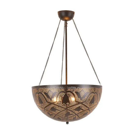 Bowl Restaurant Chandelier Vintage Metal 3 - Light Black Hanging Ceiling Lamp With Hollow - Out