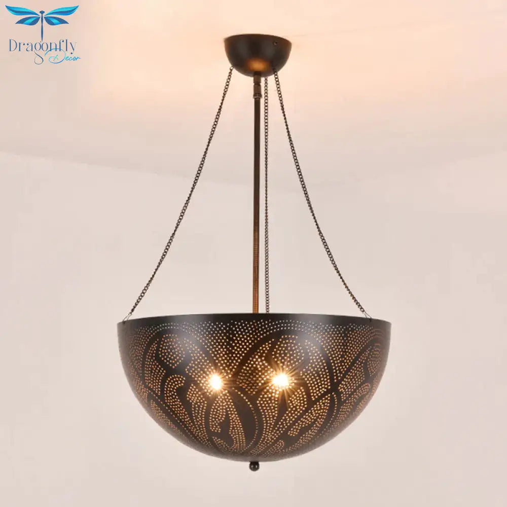 Bowl Restaurant Chandelier Vintage Metal 3 - Light Black Hanging Ceiling Lamp With Hollow - Out