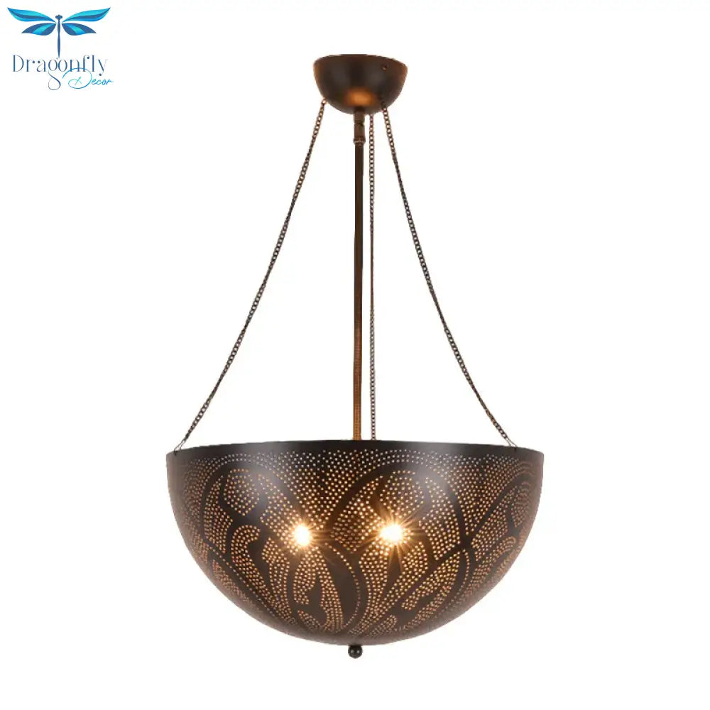 Bowl Restaurant Chandelier Vintage Metal 3 - Light Black Hanging Ceiling Lamp With Hollow - Out