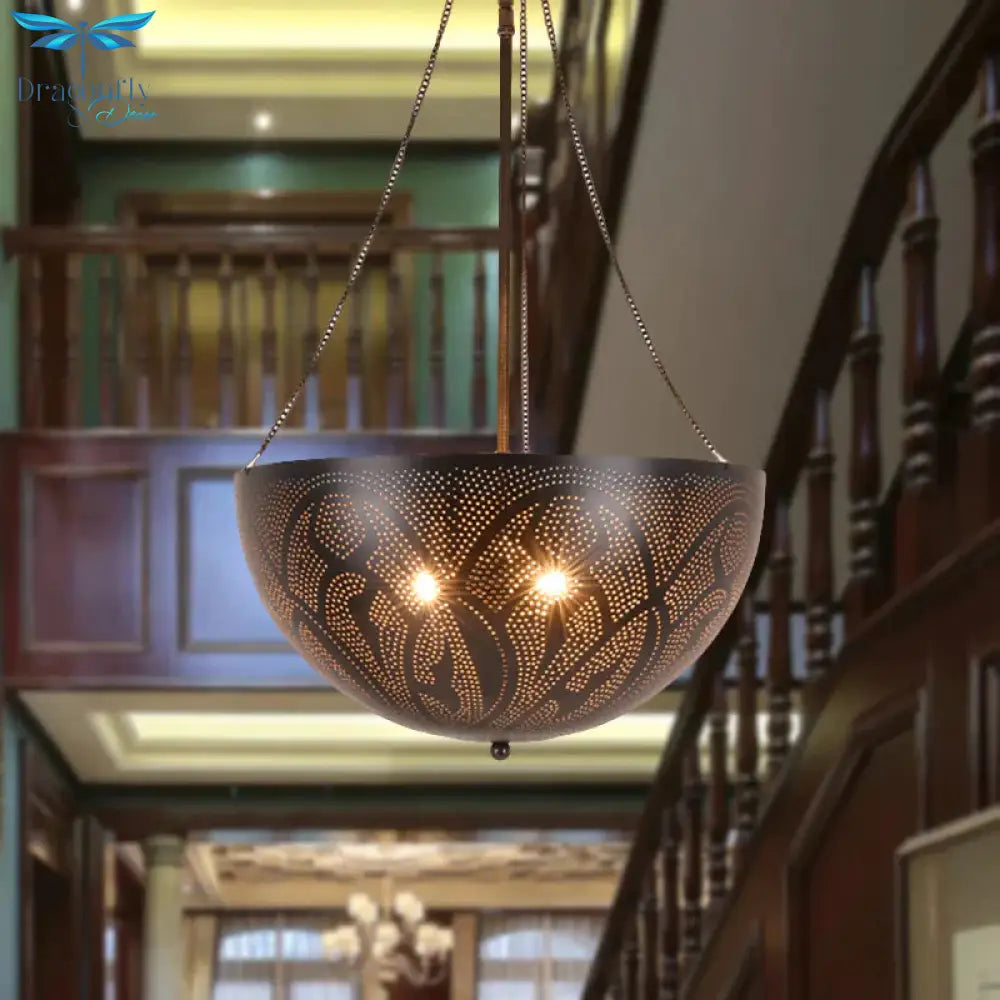 Bowl Restaurant Chandelier Vintage Metal 3 - Light Black Hanging Ceiling Lamp With Hollow - Out
