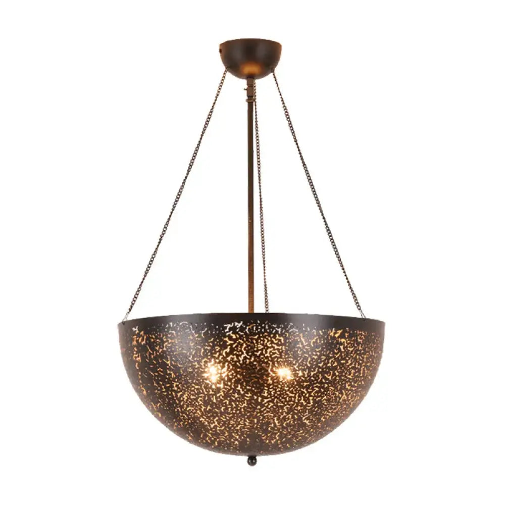 Bowl Restaurant Chandelier Vintage Metal 3 - Light Black Hanging Ceiling Lamp With Hollow - Out