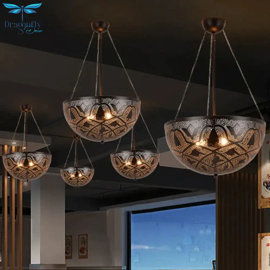 Bowl Restaurant Chandelier Vintage Metal 3 - Light Black Hanging Ceiling Lamp With Hollow - Out