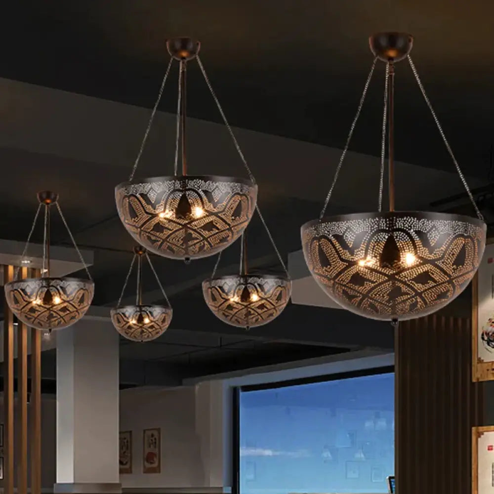Bowl Restaurant Chandelier Vintage Metal 3 - Light Black Hanging Ceiling Lamp With Hollow - Out