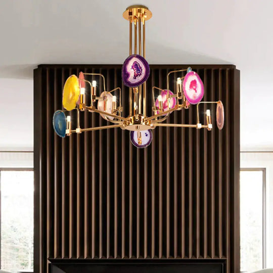 Branch Metal Ceiling Lighting Fixture Modern 6/8/10 - Head Gold Up Chandelier Pendant With Agates