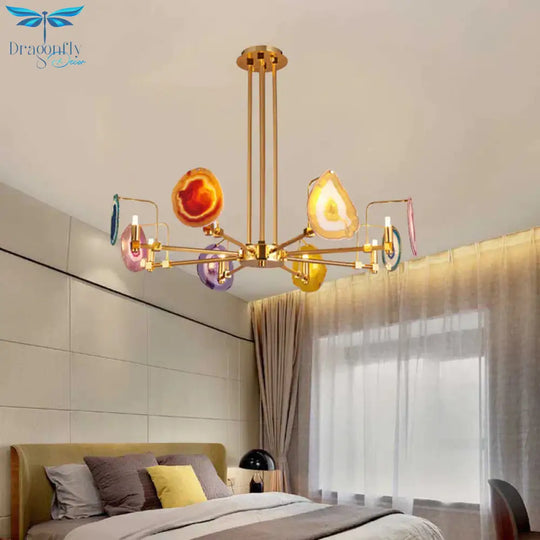 Branch Metal Ceiling Lighting Fixture Modern 6/8/10 - Head Gold Up Chandelier Pendant With Agates