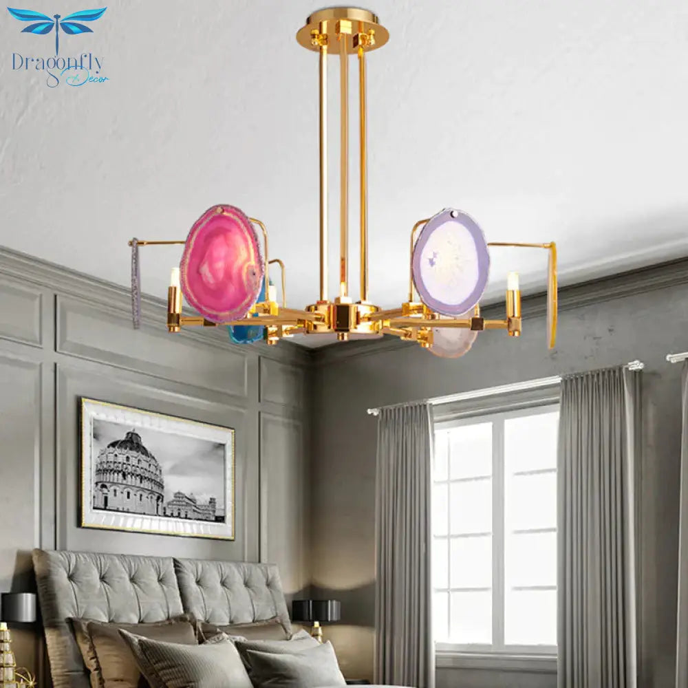 Branch Metal Ceiling Lighting Fixture Modern 6/8/10 - Head Gold Up Chandelier Pendant With Agates