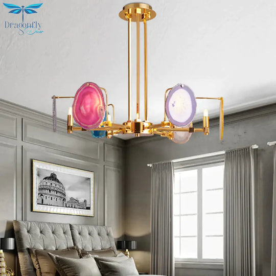 Branch Metal Ceiling Lighting Fixture Modern 6/8/10 - Head Gold Up Chandelier Pendant With Agates