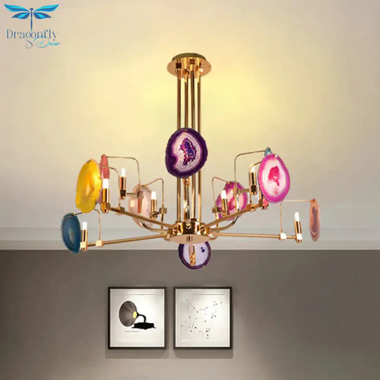 Branch Metal Ceiling Lighting Fixture Modern 6/8/10 - Head Gold Up Chandelier Pendant With Agates