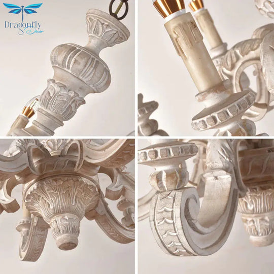 Branch Pendant Chandelier Traditional Wood 6 Bulbs White Hanging Lamp For Bedroom
