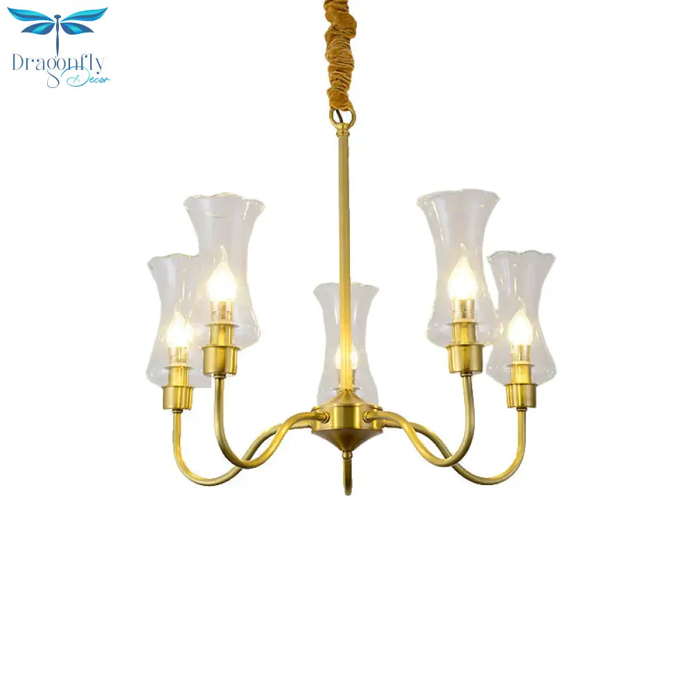Brass 3/5 Lights Chandelier Light Fixture Traditional Clear Glass Flower Pendant Lamp