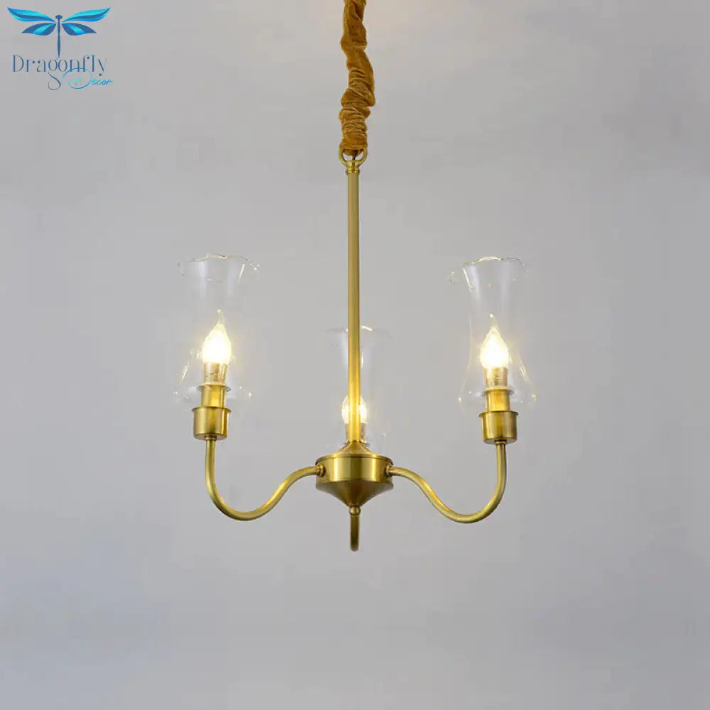 Brass 3/5 Lights Chandelier Light Fixture Traditional Clear Glass Flower Pendant Lamp