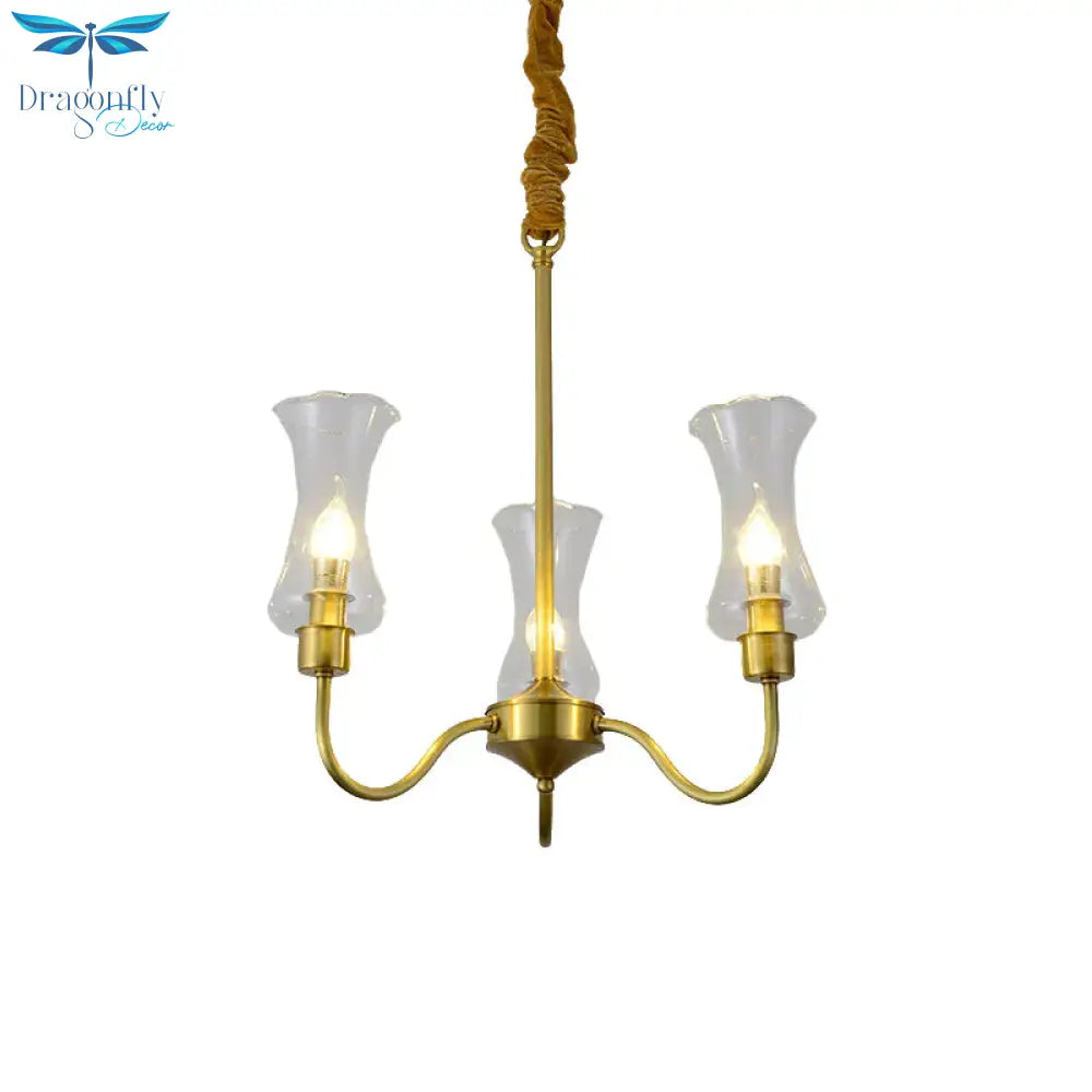 Brass 3/5 Lights Chandelier Light Fixture Traditional Clear Glass Flower Pendant Lamp