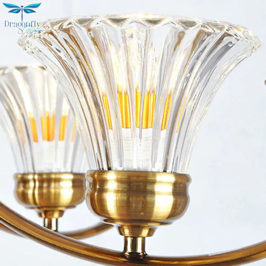 Brass 3/6 Lights Chandelier Light Fixture Classic Clear Ribbed Glass Scroll Pendant Lamp With Bell