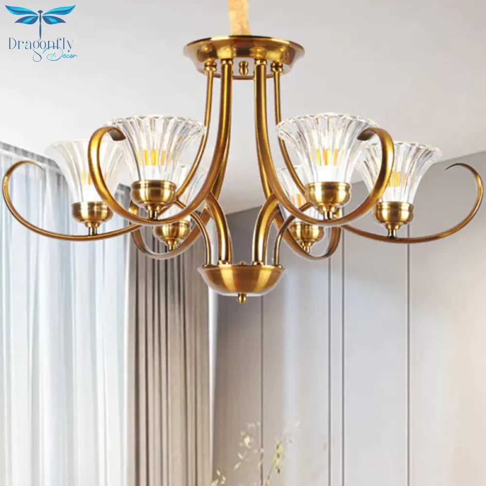 Brass 3/6 Lights Chandelier Light Fixture Classic Clear Ribbed Glass Scroll Pendant Lamp With Bell
