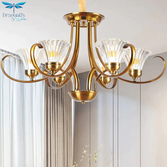 Brass 3/6 Lights Chandelier Light Fixture Classic Clear Ribbed Glass Scroll Pendant Lamp With Bell