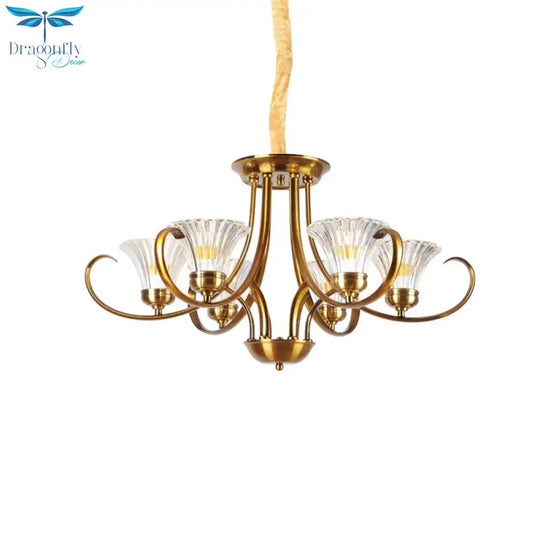 Brass 3/6 Lights Chandelier Light Fixture Classic Clear Ribbed Glass Scroll Pendant Lamp With Bell