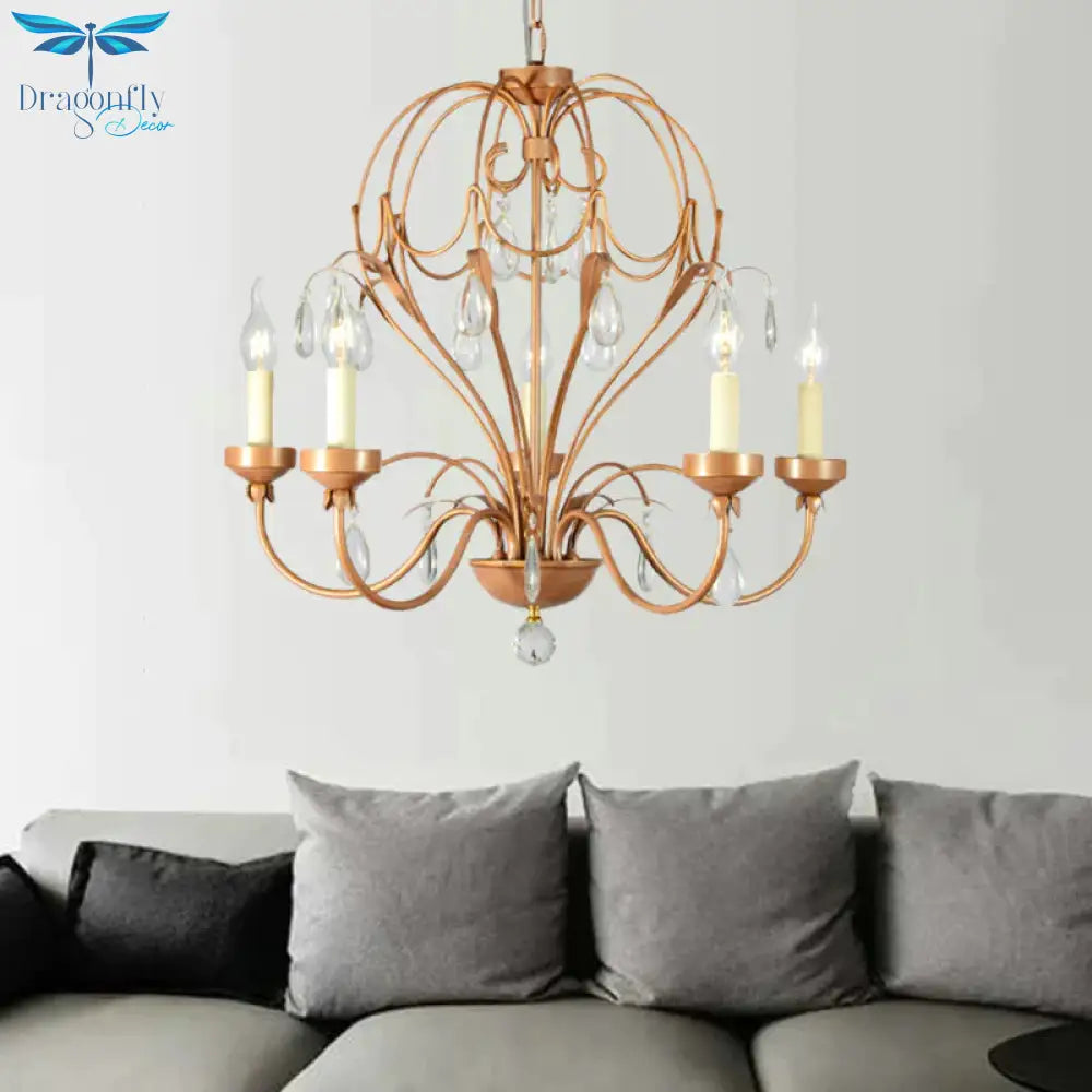 Brass 5/6 Lights Chandelier Light Fixture Traditional Metal And Crystal Candle Pendant Lamp For