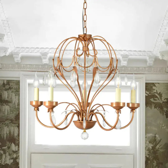 Brass 5/6 Lights Chandelier Light Fixture Traditional Metal And Crystal Candle Pendant Lamp For