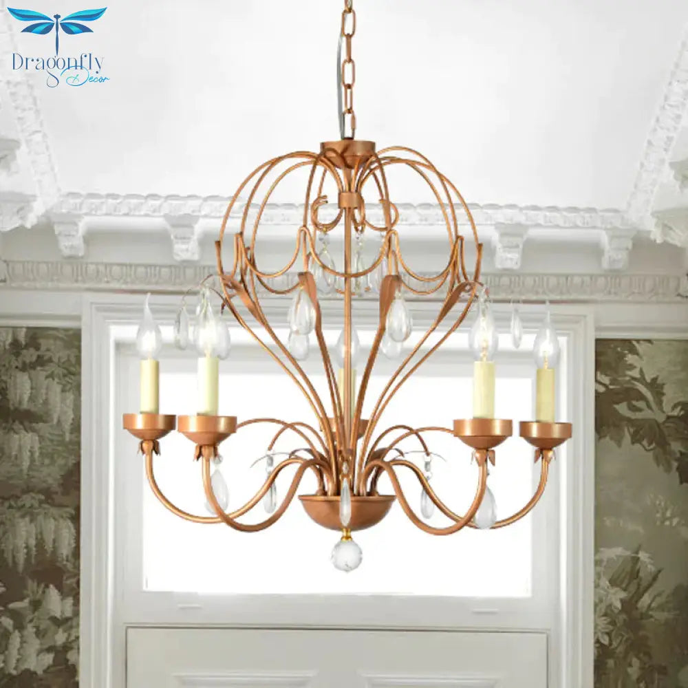 Brass 5/6 Lights Chandelier Light Fixture Traditional Metal And Crystal Candle Pendant Lamp For