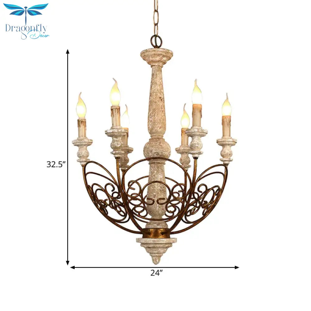 Brass 6 Lights Chandelier Lighting Rustic Wooden Candelabra Pendant Lamp For Living Room