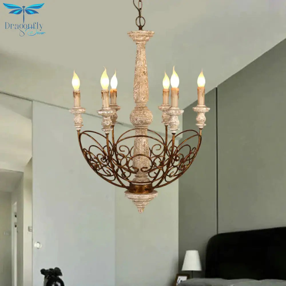 Brass 6 Lights Chandelier Lighting Rustic Wooden Candelabra Pendant Lamp For Living Room