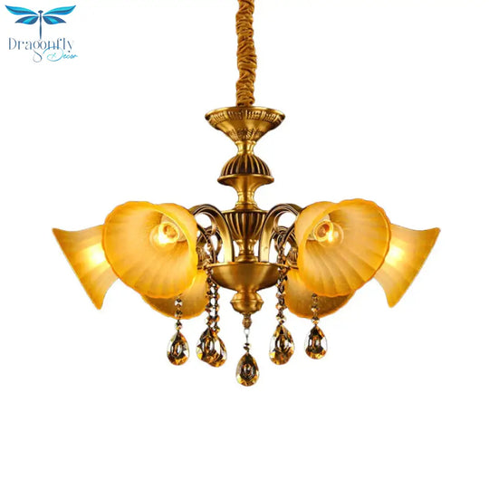 Brass 6 Lights Suspension Lamp Classic Draping Crystal Ball Bell Shade Chandelier Lighting Fixture