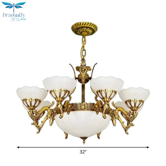 Brass 9 Lights Hanging Light Kit Traditional Milk Glass Scalloped Chandelier For Living Room