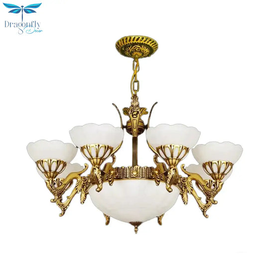 Brass 9 Lights Hanging Light Kit Traditional Milk Glass Scalloped Chandelier For Living Room