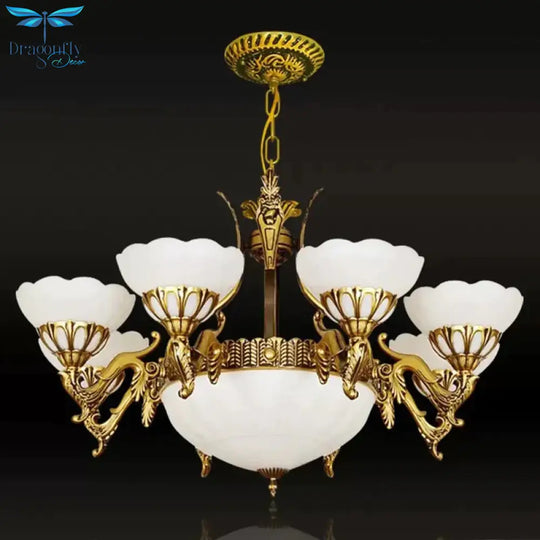 Brass 9 Lights Hanging Light Kit Traditional Milk Glass Scalloped Chandelier For Living Room